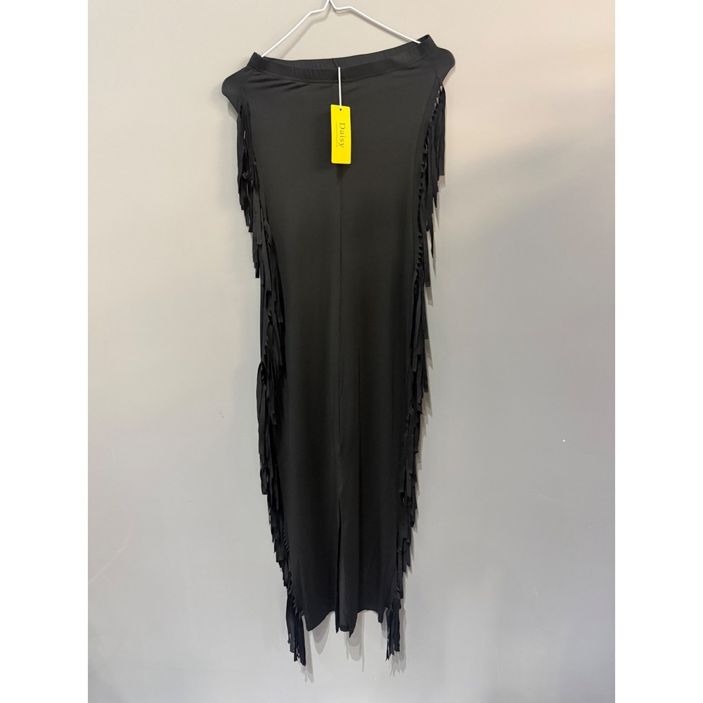 Daisy Black Fringe Maxi Skirt Side Tassel Stretch Column DS3107E Womens Small
